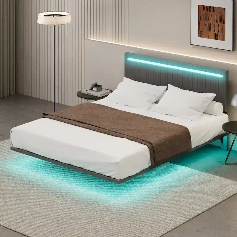 Cadre de lit King Size moderne avec lumières LED, télécommande pour différentes couleurs de lumière, lumières de capteur, aucun sommier tapissier requis