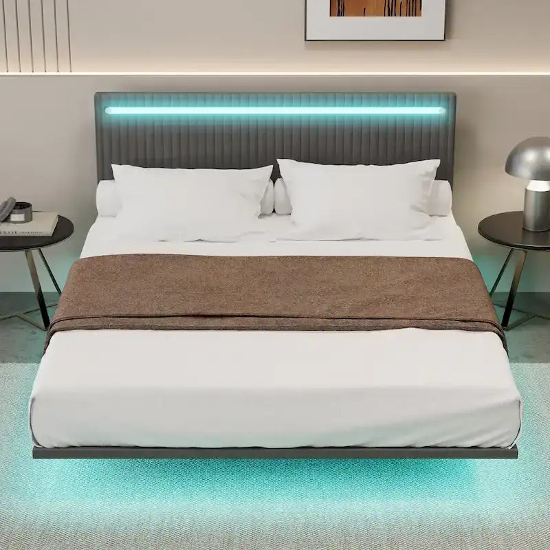 Cadre de lit King Size moderne avec lumières LED, télécommande pour différentes couleurs de lumière, lumières de capteur, aucun sommier tapissier requis
