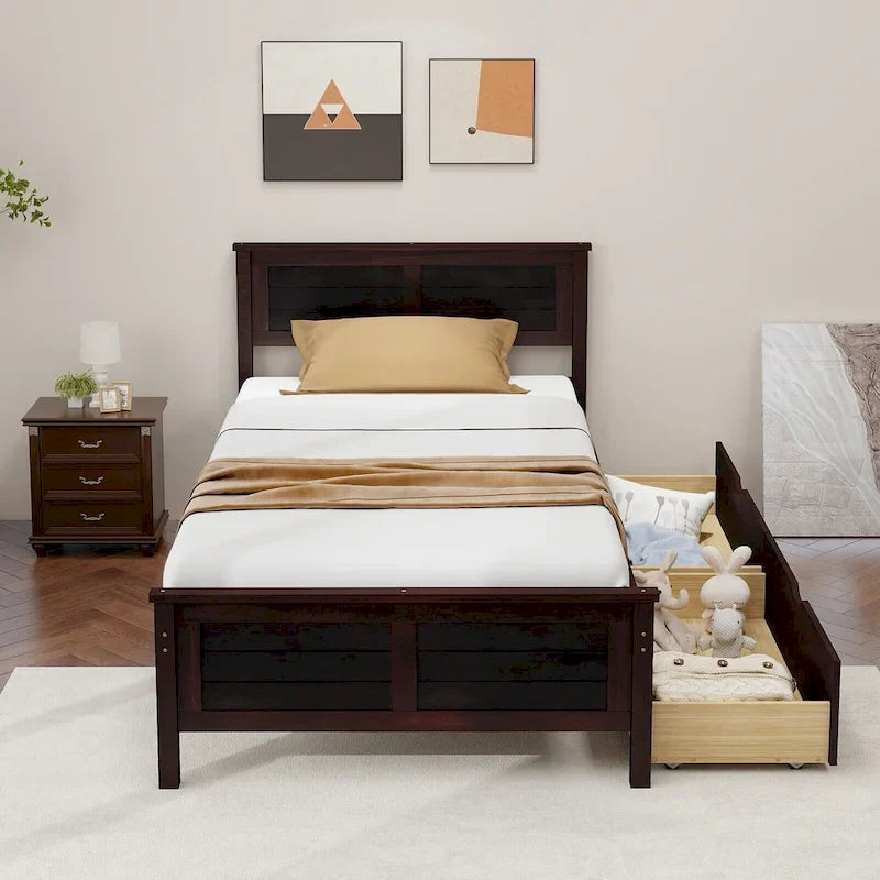 Cadre de lit en bois pour lit simple avec 2 tiroirs de rangement et espace sous le lit