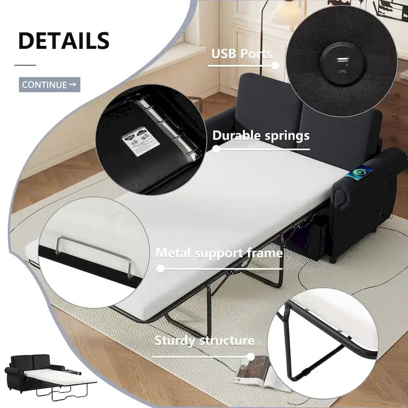 Canapé-lit gigogne de 147 cm avec matelas en mousse à mémoire de forme simple, deux ports de chargement USB