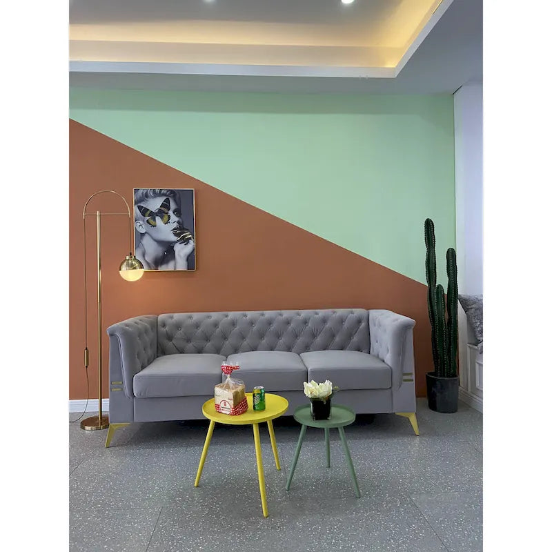 Canapé 3 places en velours de 82 po avec pieds en métal doré, mousse à haute résilience et coussins amovibles