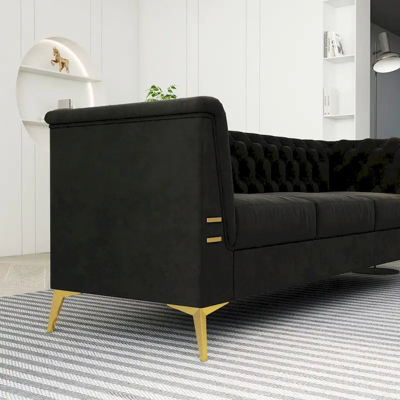 Canapé 3 places en velours de 82 po avec pieds en métal doré, mousse à haute résilience et coussins amovibles