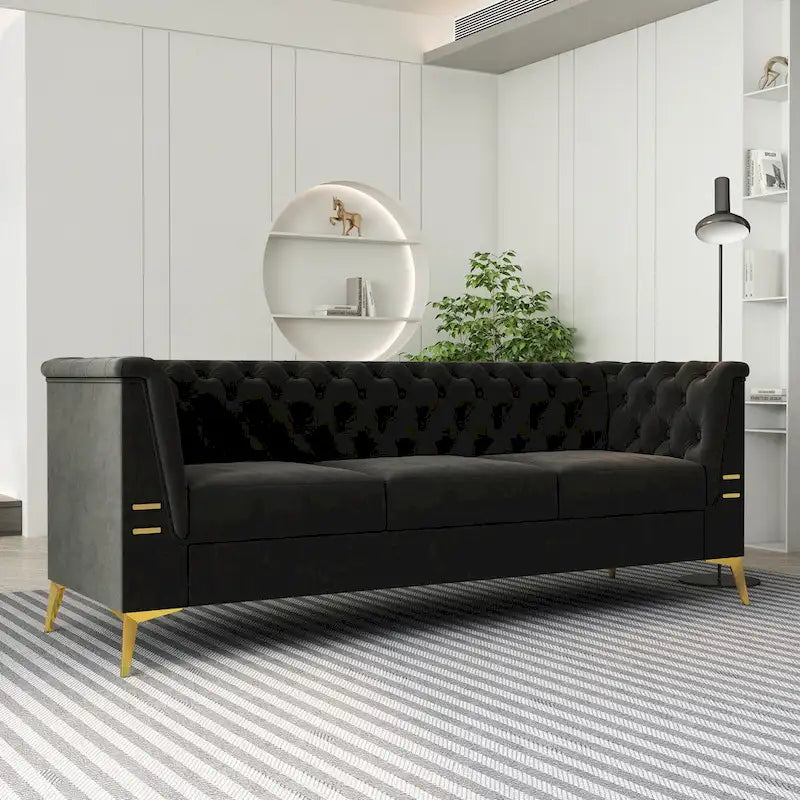 Canapé 3 places en velours de 82 po avec pieds en métal doré, mousse à haute résilience et coussins amovibles