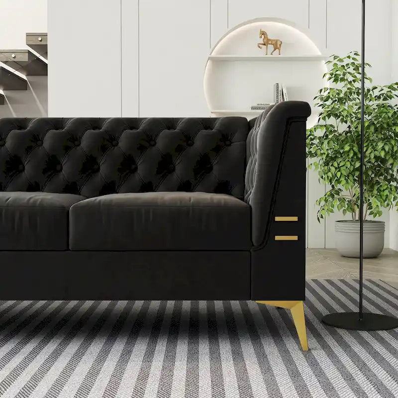 Canapé 3 places en velours de 82 po avec pieds en métal doré, mousse à haute résilience et coussins amovibles