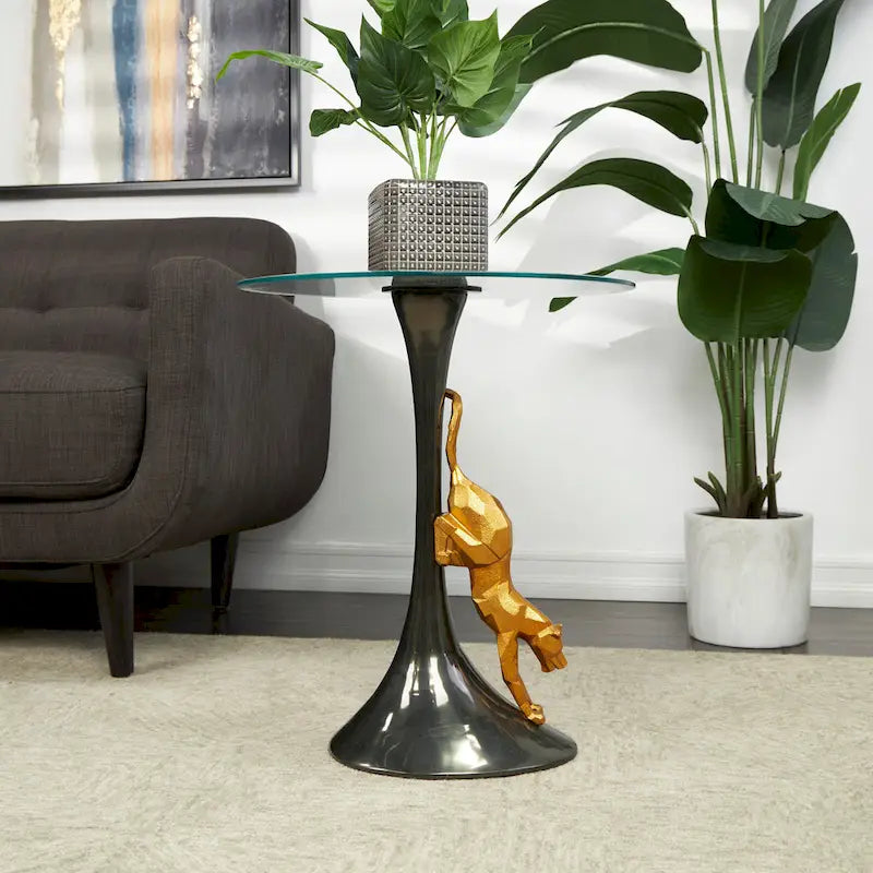 Table d'appoint léopard en métal aluminium avec accent léopard doré et plateau en verre trempé - Noir
