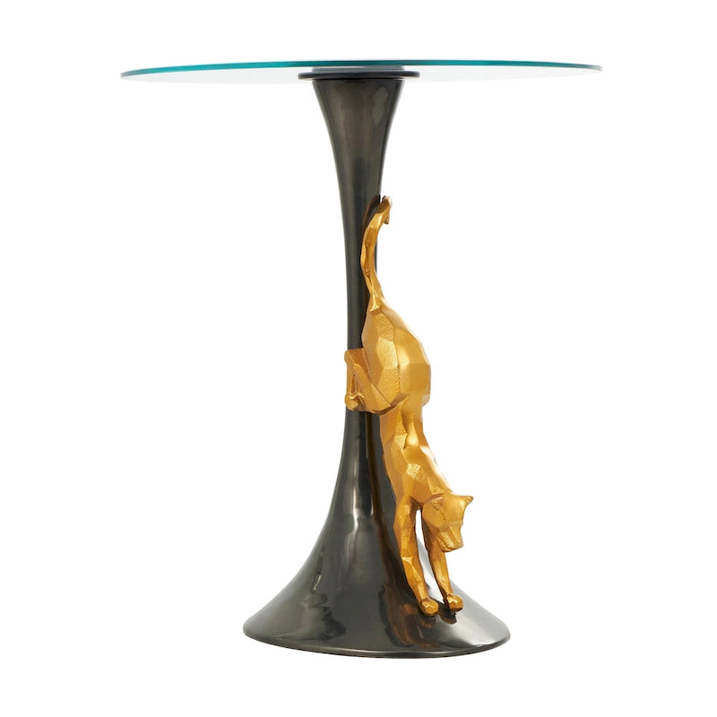 Table d'appoint léopard en métal aluminium avec accent léopard doré et plateau en verre trempé - Noir