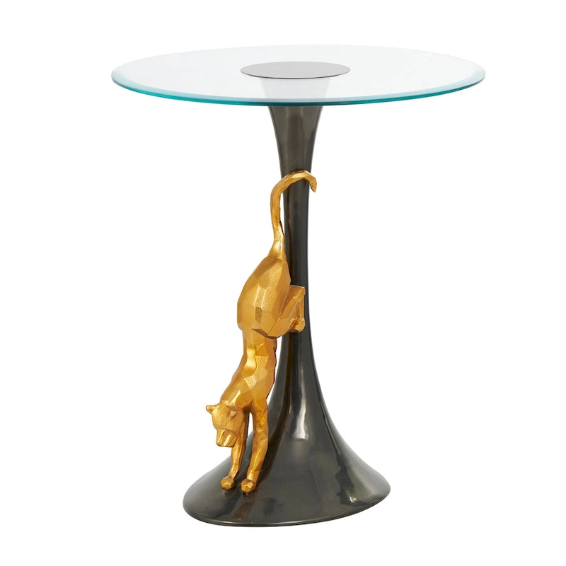 Table d'appoint léopard en métal aluminium avec accent léopard doré et plateau en verre trempé - Noir