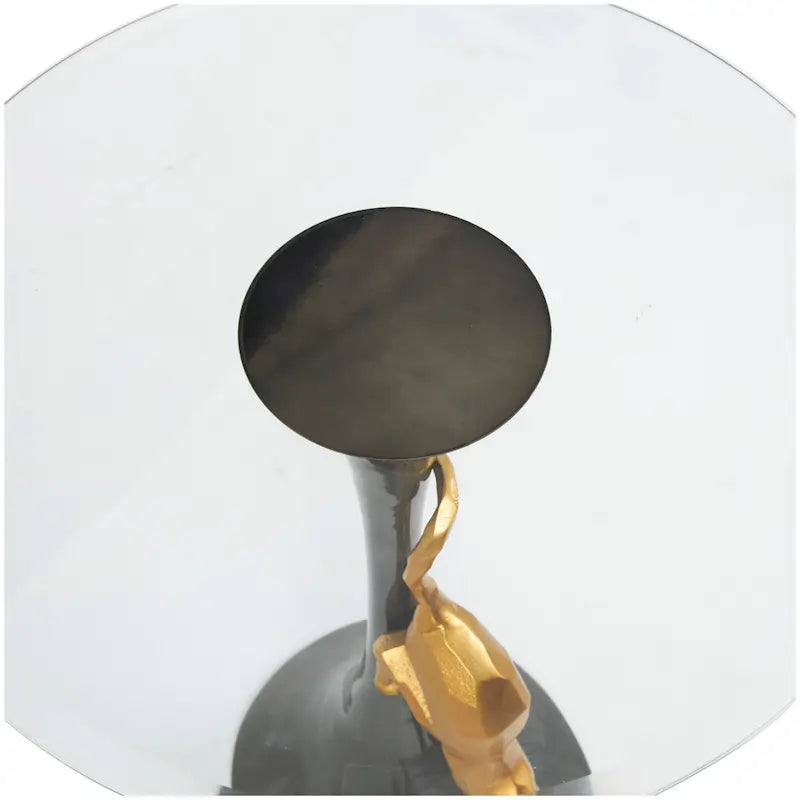 Table d'appoint léopard en métal aluminium avec accent léopard doré et plateau en verre trempé - Noir