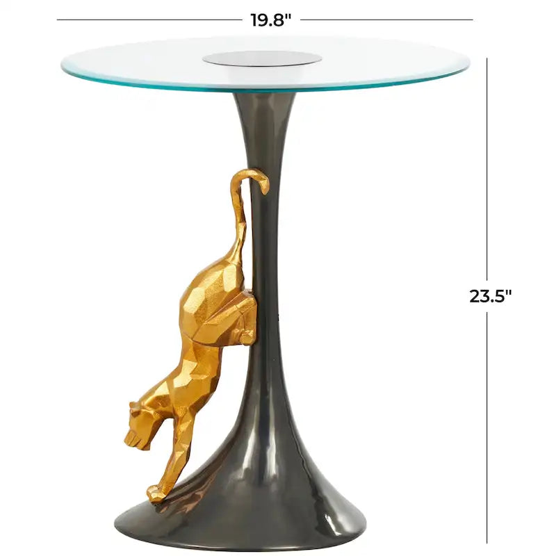 Table d'appoint léopard en métal aluminium avec accent léopard doré et plateau en verre trempé - Noir