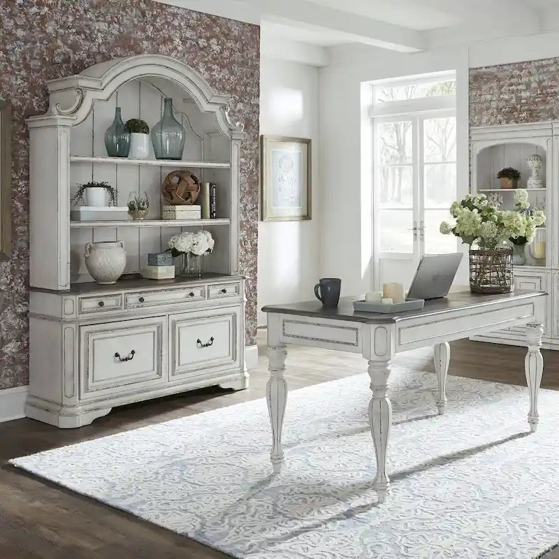 Ensemble bureau et huche 3 pièces, blanc antique à l'aspect vieilli