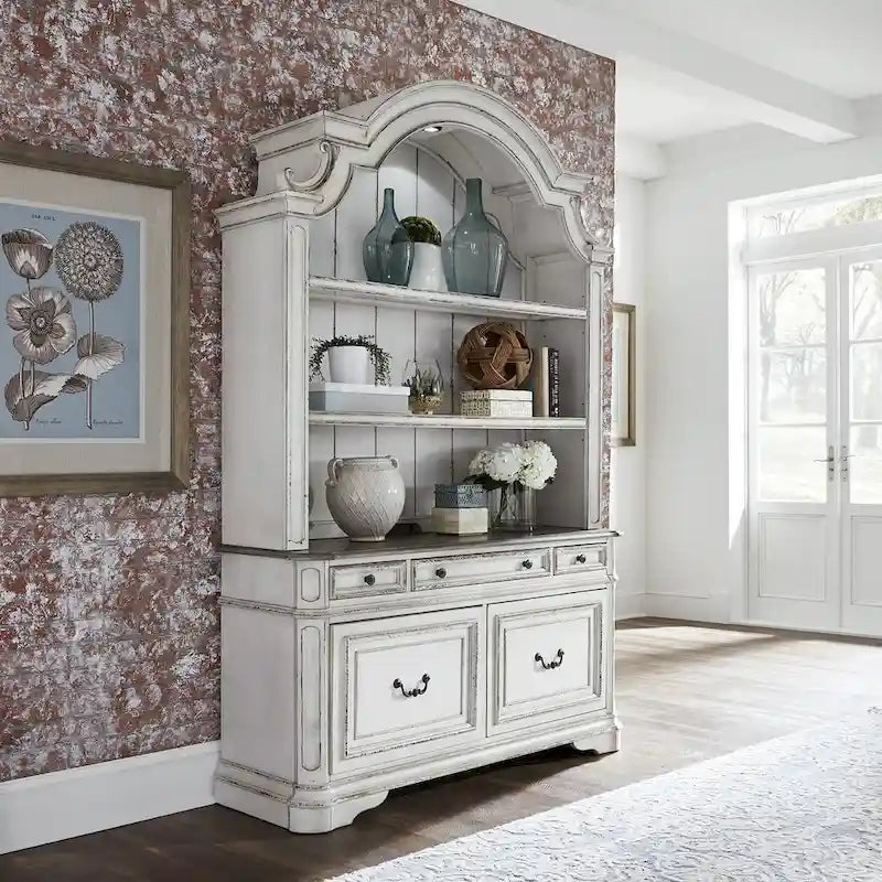 Ensemble bureau et huche 3 pièces, blanc antique à l'aspect vieilli