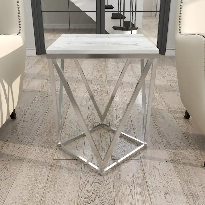 Table d'appoint en métal acier inoxydable avec plateau en marbre - Argent