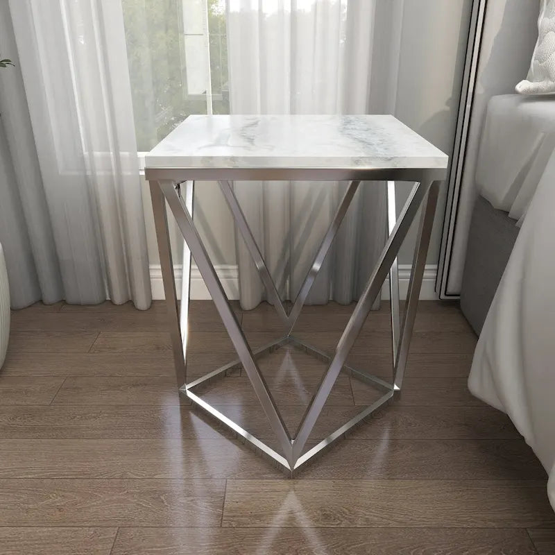 Table d'appoint en métal acier inoxydable avec plateau en marbre - Argent